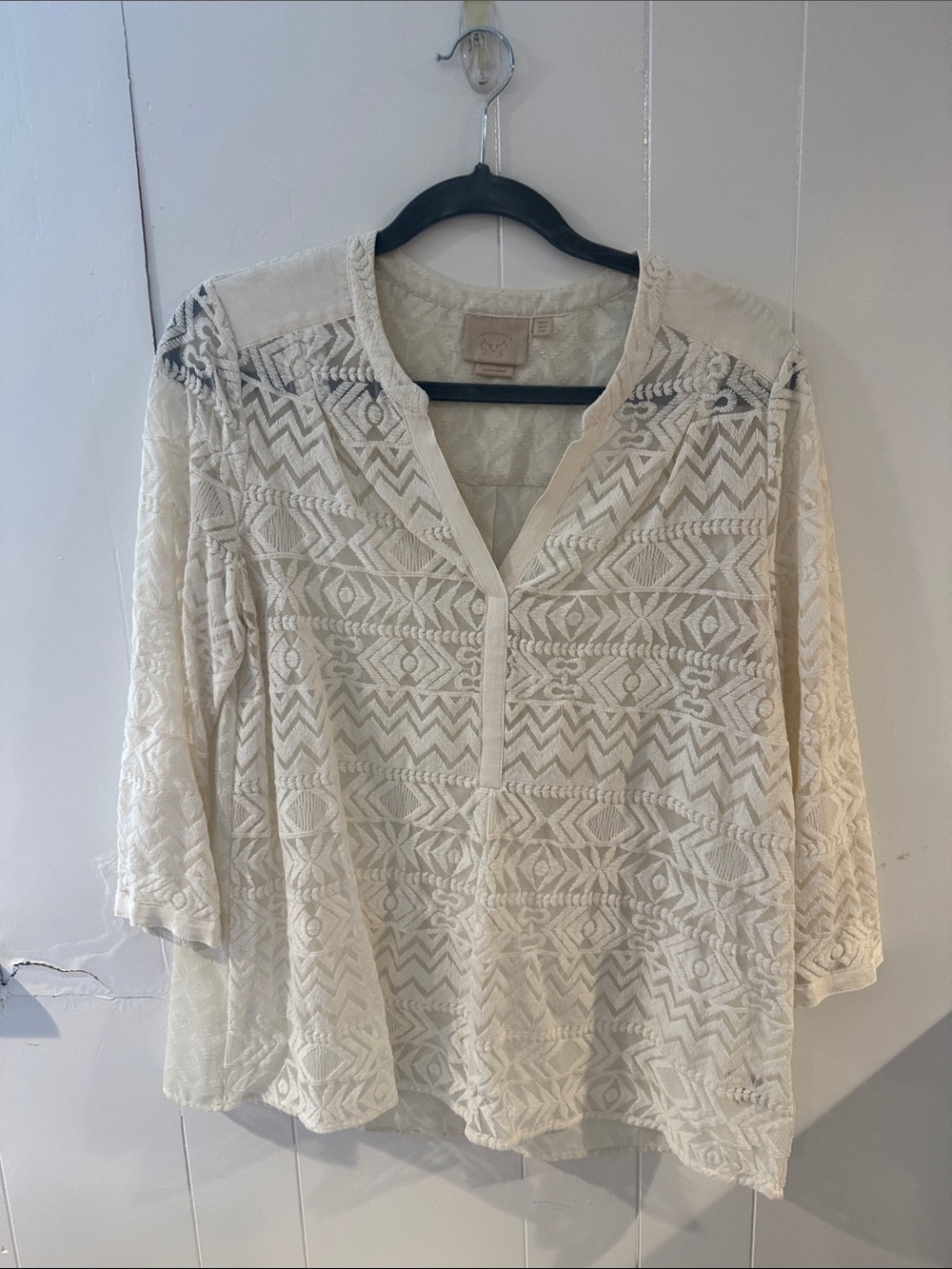Anthropologie Cream Embroidered V-Neck Tunic